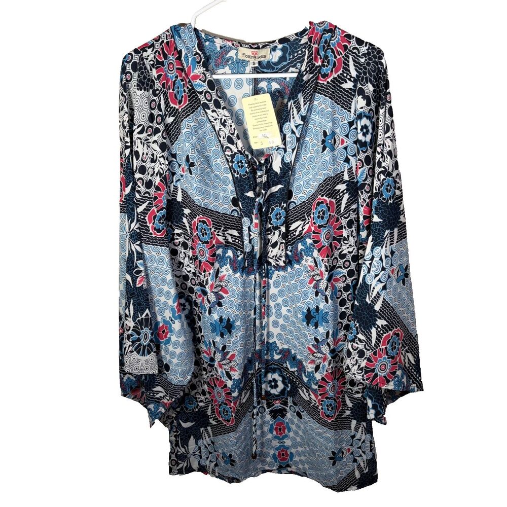 Floating Lotus Dress Women's Small V-Neck 3/4 Sleeve Tunic Colorful Top NWT